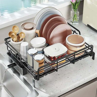 TROPOW Extendable Dish Rack with Drainboard, Dish Drying Rack, V-Shaped Card Slot, Stainless Steel Kitchen Dish Drainer for Sink, Black