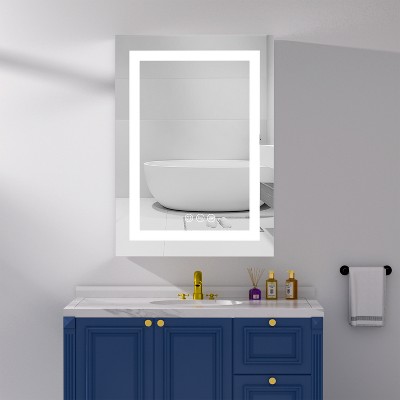 HBEZON Medicine Cabinet with Mirrors and Lights, Wall Mount Lighted Bathroom Cabinet, Defogger, Dimmable, Aluminum, Silver
