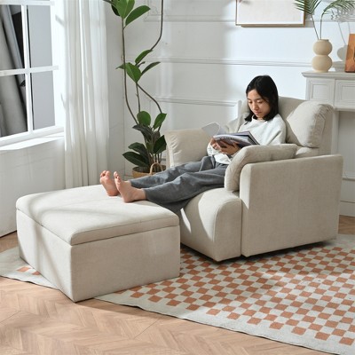ModernLuxe Upholstered Chaise Lounge with Storage Ottoman, Wide Accent Chair Armchair Lazy Single Sofa Reading Couch Chair, Gray/Beige