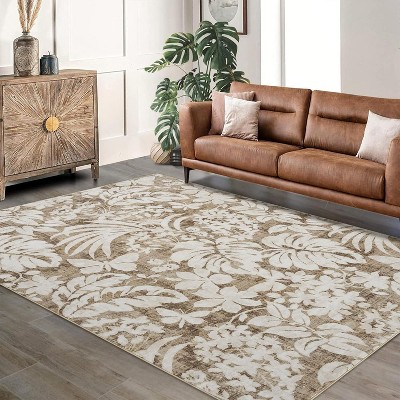 Washable Rug for Living Room, Non-Slip Modern Botanical Floral Leaf Area Rug, Stain-Resistant Indoor Foldable Print Carpet for Bedroom, Nursery