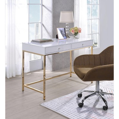 CAVINAS Glossy Gold Finish Writing Desk with 2 Drawers,Modern Home Office Desk w/Metal Legs and Luxe Design (20" Storage)