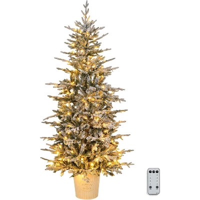VINGLI 6ft Pre-lit Potted Flocked Christmas Tree w/ 250 Incandescent Warm White Lights, 709 Branch Tips