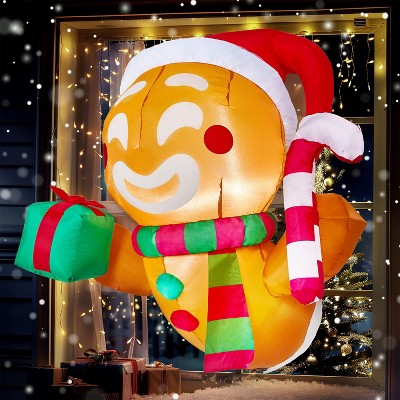 Joyfy 3.5 FT Christmas Inflatable Decoration, Gingerbread Man/Santa Elf Broke Out from Window Inflatable with LEDs for Xmas Holiday Outdoor Yard Decor
