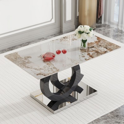 NicBex 63" Modern Rectangle Dining Table,Kitchen Table with White Tabletop and Metal Base for 6-8 Seaters