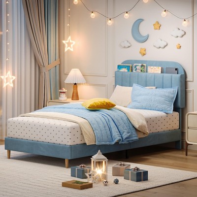 COZONY Twin Bed Frame with Storage Headboard, Velvet Upholstered Platform Bed with Strong Wooden Slats, Easy Assembly, No Box Spring Needed