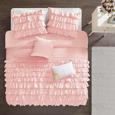 Okak 5-Piece Pink Ruffled Design Bed Comforter Set with Decorative Pillow,Comfortable Coverlet Bedding Sets,Princess Style