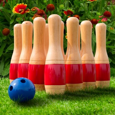 Toy Time 10-Pin Lawn Bowling Game/Skittle Ball Set With Mesh Bag - Red