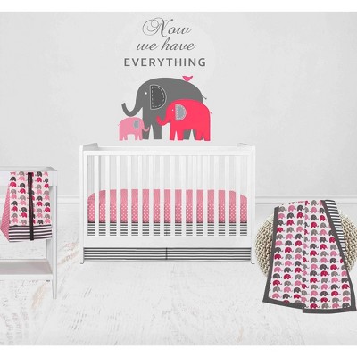 Bacati - Elephants Pink/Fuschia/Gray 4 pc Crib Bedding Set with Diaper Stacker