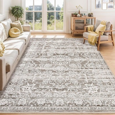 Acekool Washable Area Rug 5x7, Vintage Low Pile Non Slip Distressed Living Room Bedroom Carpet, Soft Large Indoor Floor Mat, Gray