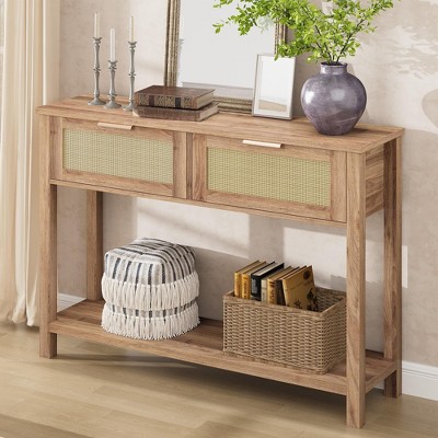 Coolmee 43 Inch Rattan Console Table, Entryway Table with 2 Drawers Storage Shelf Woven Design, Farmhouse Sofa Table TV Stand for Living Room