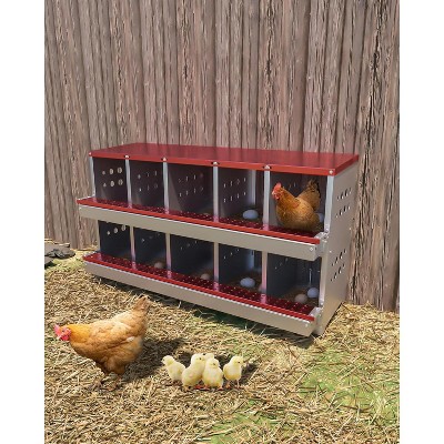 Red 10-Compartment Wall-Mountable Metal Chicken Nesting Box, Roll Away Rustproof Design, Ventilated with Perch & Waterproof