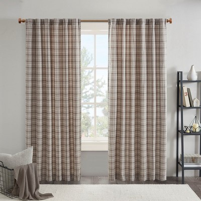 Plaid Rod Pocket and Back Tab Curtain Panel with Fleece Lining Brown 50x84 in