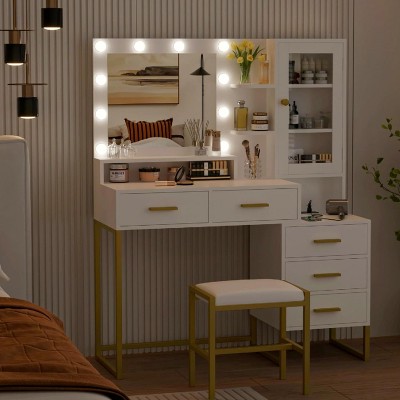 Coucheta White Vanity Desk with LED Mirror & Charging Station - 5 Drawers, 10 Bulbs, Stool Included, 43" Makeup Table for Women