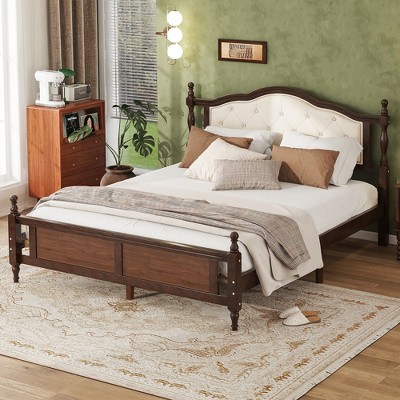 ORRD Queen Upholstered Bed with Storage, Solid Wood Platform Bed Frame with Headboard & Footboard - Walnut
