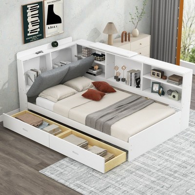 Sapphtopaz Wood Bed Frame with Shelves and Storage Headboard Platform Bed Frame for Bedroom, No Box Spring Needed