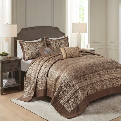 5 Piece Reversible Jacquard Bedspread Set Brown/Gold King