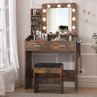 Vanity Set, Modern Dressing Table and Cushion Stool Set, with 3-Color Adjustable Lights Mirror, Makeup Desk with Power Outlet and 2 Drawers