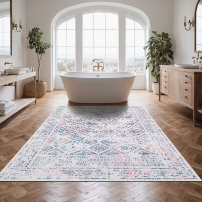 Machine Washable Rugs for Living Room Non-Slip Vintage Floral Print Distressed Throw Area Rugs for Bedroom Stain Resistant Low Pile No Shed Rug