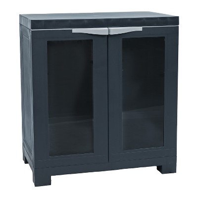 Sunnydaze Versatile Plastic Storage Cabinet with Adjustable Shelf and 2 Windows - Charcoal - 25.5"