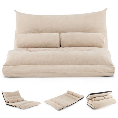 Costway Convertible Lazy Sofa Bed with 42-Level Adjustable Backrest&2 Lumbar Pillows Gray/Beige