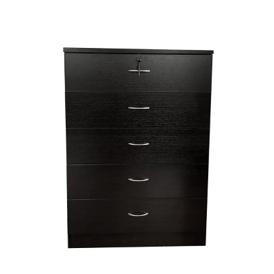 GlasFlength Decorative Storage Cabinets 5 Drawer Chest Locking Top Drawer Two Keys Metal Glide Rails for Bedroom, Black, 30.75"*16.5"*43.25"