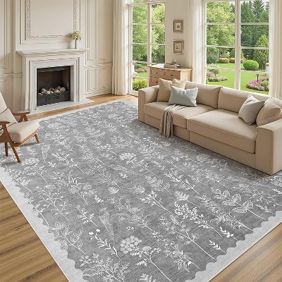 Coucheta Area Rug with Non-Slip Backing, Low Pile Stain Resistant Floral Print Floor Carpet for Living Room Bedroom Dinin,Multi-Color & Size