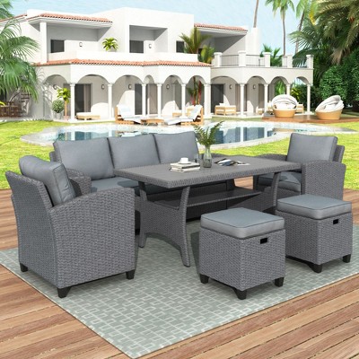 Sapphtopaz Patio Furniture Set Rattan Loveseat Sectional Lounge Couch with Cushions and Ottoman Rectangular Coffee Table for Backyard, Terrace