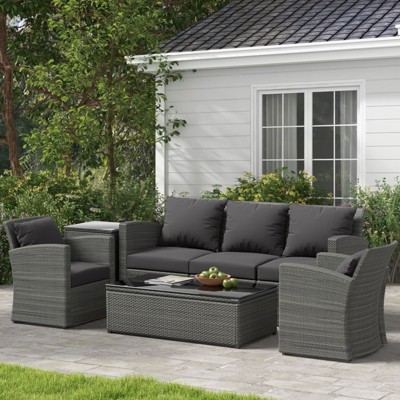 ELJGET 5 Pieces Patio Conversation Set, Outdoor Rattan Sectional PE Wicker Sofa Furniture Set with Coffee Table, Blue/Grey Cushion