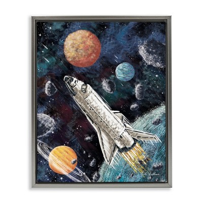 Stupell Industries Spaceship in Outer Space Black Framed Floater Canvas Wall Art