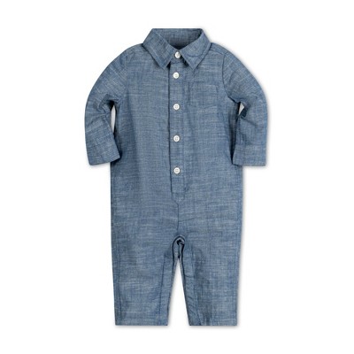 Hope & Henry Layette Baby Boy Long Sleeve Button Front Chambray Romper, Infant