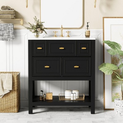 Wooakway 30"L Blue Freestanding Bathroom Vanity with Ceramic Sink 5 Drawers Solid Wood Frame