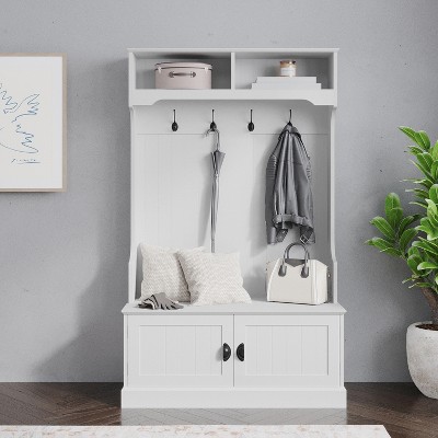 Emma and Oliver Hallway Tree with Storage Bench, Coat Hooks, and Upper Storage Compartments