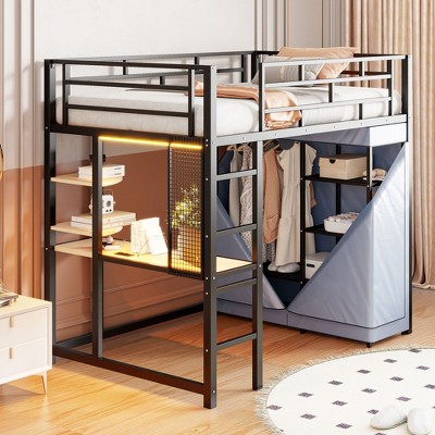 Kumasinova Loft Bed Twin/Full Size,Metal Loft Bed with Desk,Shelves,Wardrobe&LED for Teens&Gamers,Versatile Gaming Loft Bed Frame,350lbs Max