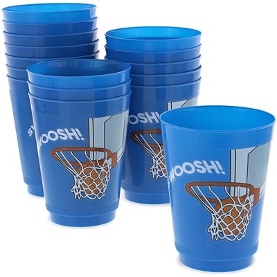 Blue Panda 16 Packs Plastic 16 oz Party Cups Basketball Reusable Tumblers for Kids Birthday Blue