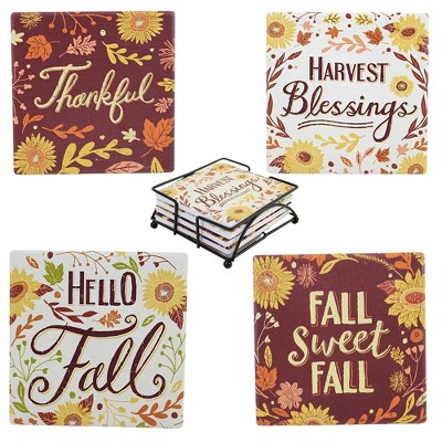 Tabletop 1.75 In Hello Fall Coaster Set , Sunflowers Harvest Thanksgiving (4PC)