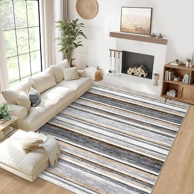 Modern Living Room Rug, Large Washable Striped Accent Carpet, Non-Slip, Stain-Resistant Low-Pile Foldable Floor Mat for Dining Room