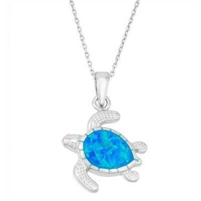 Opalata Sterling Silver, Blue Inlay Opal Turtle 18" Pendant Necklace - Blue