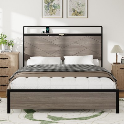 TiramisuBest Queen Size Wooden Platform Bed Frame, Storage, LED Headboard, 2 USB, Antique Grey, MDF+Metal, 83x60x48 inches, 70 lbs