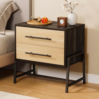 Wood Nightstand with 2 Drawers, Natural Wood Grain, Metal Legs - Bedside Table, End Table for Bedroom, Living Room, Entryway
