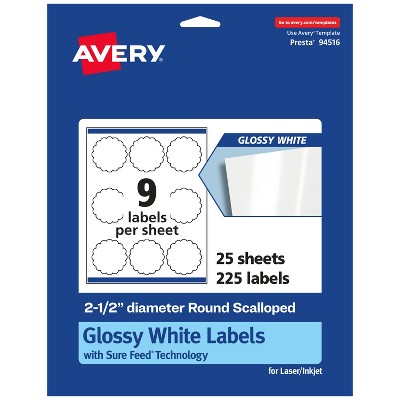 Avery Glossy White Round Scalloped Labels with Sure Feed, 2.5" Diameter