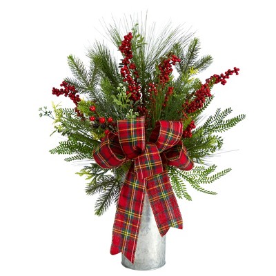 Nearly Natural 28-in Holiday Winter Greenery, Berries and Plaid Bow Artificial Christmas Arrangement Home Décor