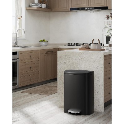 13 Gallon / 50 Liter Step-On Stainless Steel Trash Can with Soft-Close Lid, Slim Garbage Bin with Inner Bucket for Bathroom or Bedroom, Silver