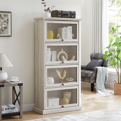 Okak Stylish 4-Tier Bookshelf, Freestanding Display Case with 4 Flip Up Glass Doors, Storage Shelves for Living Room, Office, Bedroom, White