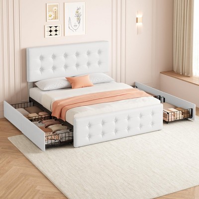 Bed Frame with 4 Storage Drawers and Headboard, Faux Leather Upholstered Platform Bed Frame with Wooden Slats Support