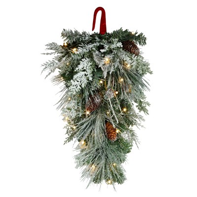 Haute Décor 11" Battery Operated Pre-Lit Snowfall Creek Flocked Artificial Pine Christmas Chair Swag Green with White Lights