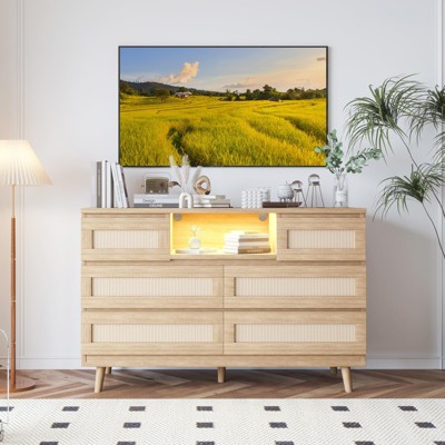Rattan Dresser with LED Lights & Charging Station, Modern 6 Drawer Double Dresser for Bedroom,Power Outlet,  Living Room