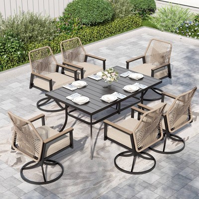 Captiva Designs 7pc Patio Dining Rectangle Steel Table and Swivel Wicker Chairs with Thick Cushions