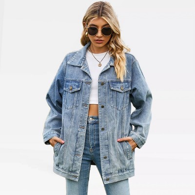 Women's Denim Jackets Long Sleeve Jean Jacket Oversized Button Dwon Long Denim Shackets with 4 Pockets Boyfriend Fit Fall Fashion Coats