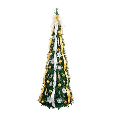 Nearly Natural 6' Pre-Lit Artificial Pop up Christmas Tree with Gold and Silver Ornaments and Ribbons