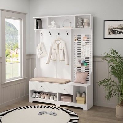 TIRAMISUBEST Multi-functional Hallway Hall Tree with Removable Cushion, Storage Bench with Shelves and DIY Pegboard
